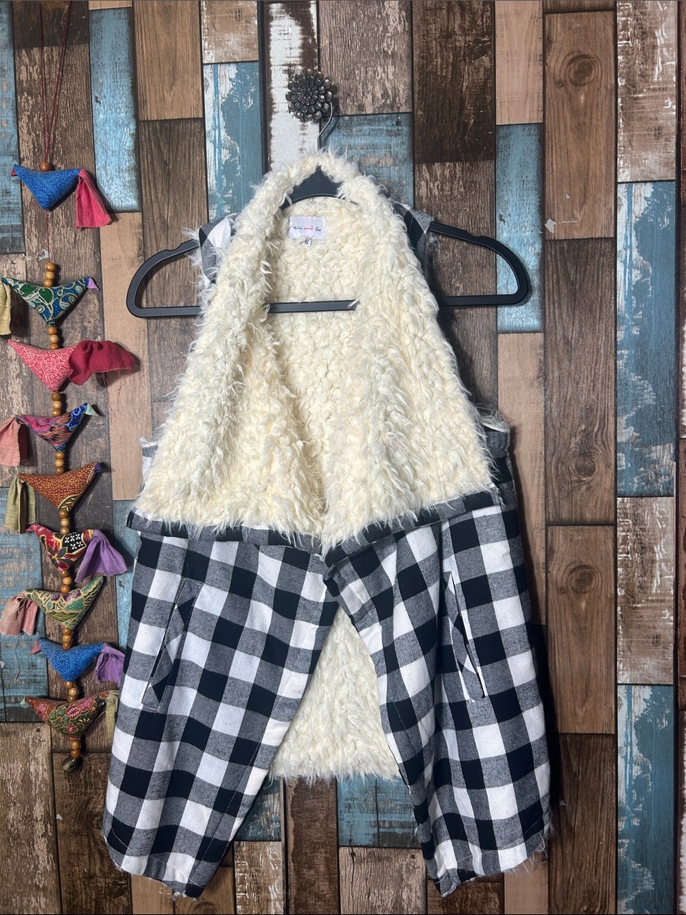 Black & White Buffalo Plaid Vest with Cream Sherpa Lining